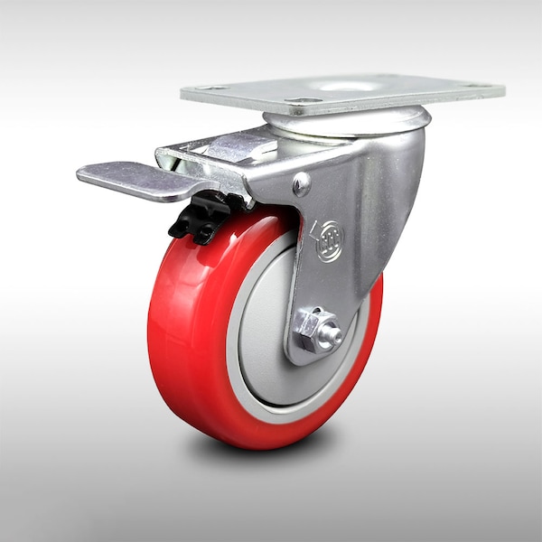 4 Inch SS Red Polyurethane Top Plate Caster with Total Lock Brake SCC